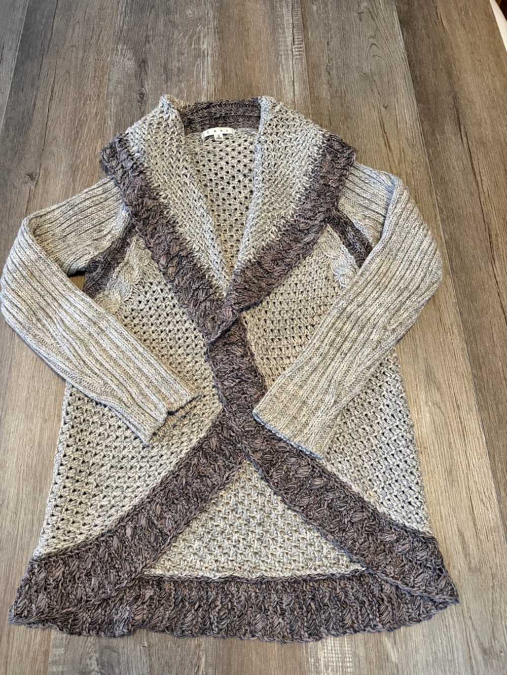CAbi gray and brown waterfall collar cardigan